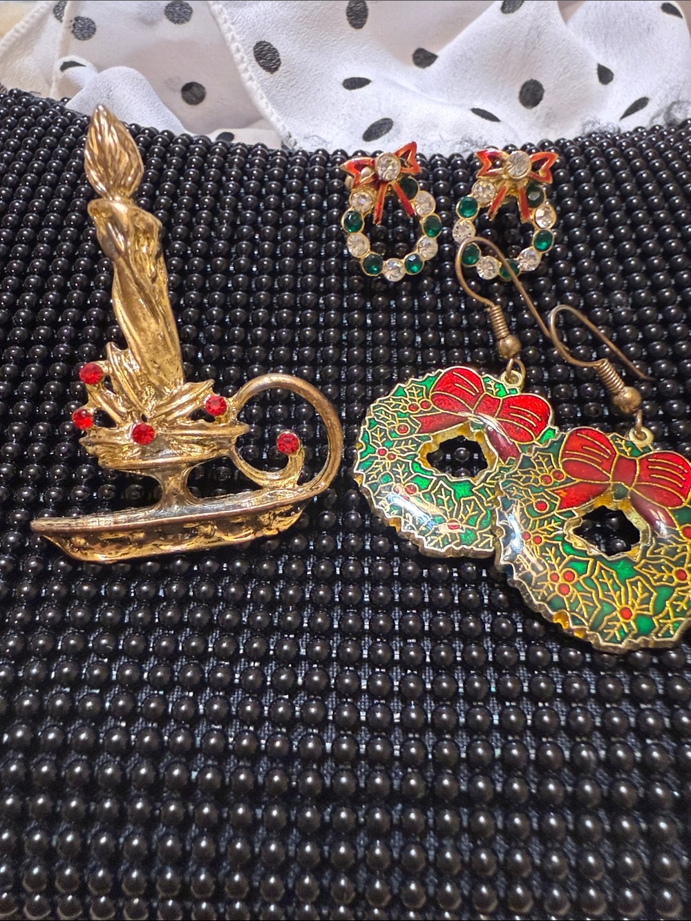 2 Festive Gold-Tone Holiday Wreath Earrings w/ Red&Green & Vintage candlelabra